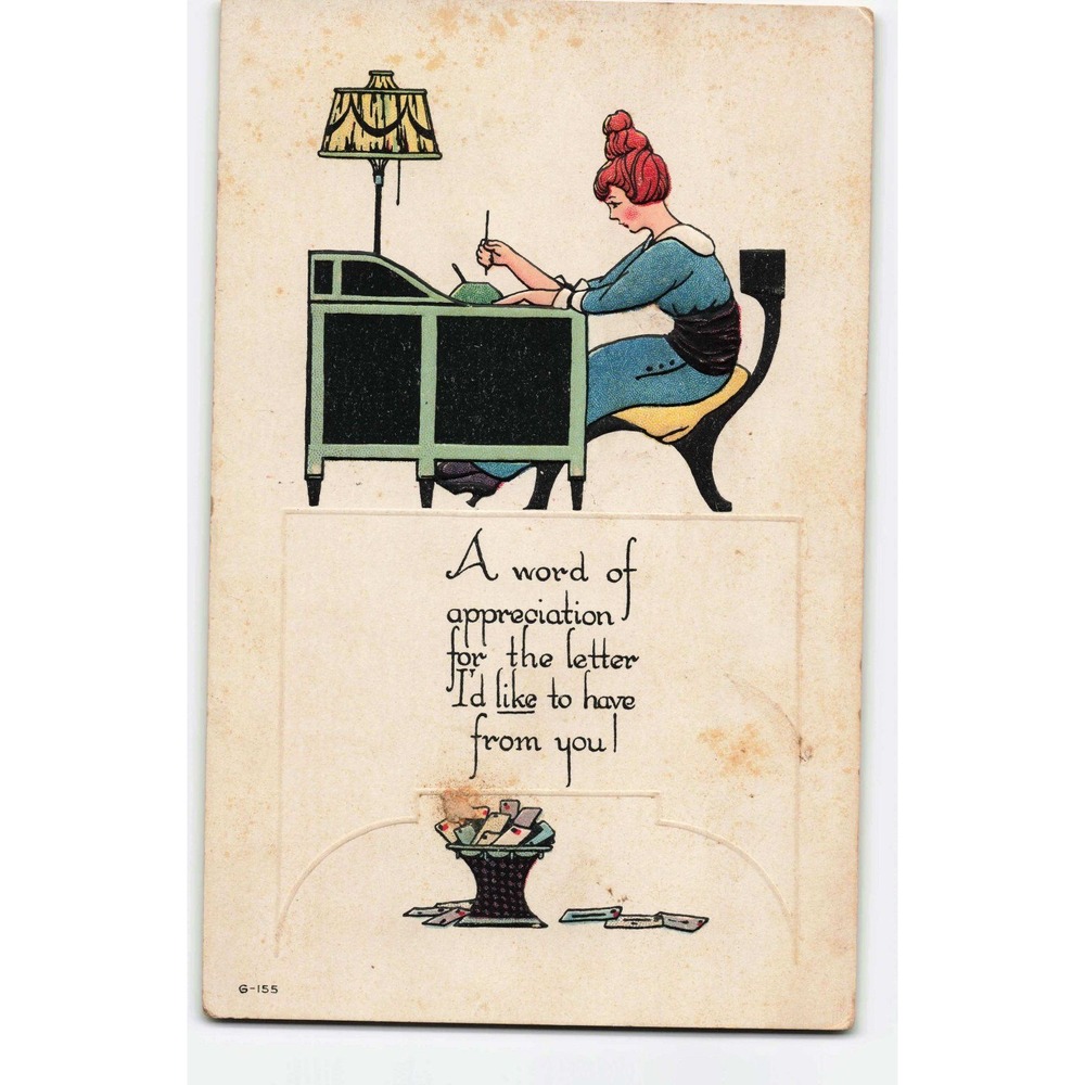Vtg Postcard Woman Writing Desk Appreciation Poem G-155 Divided Back